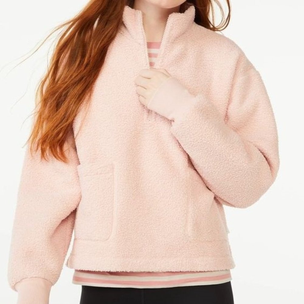 LIKE NEW Free Assembly Women's Teddy Fleece Half Zip Sweatshirt Pink Size XS